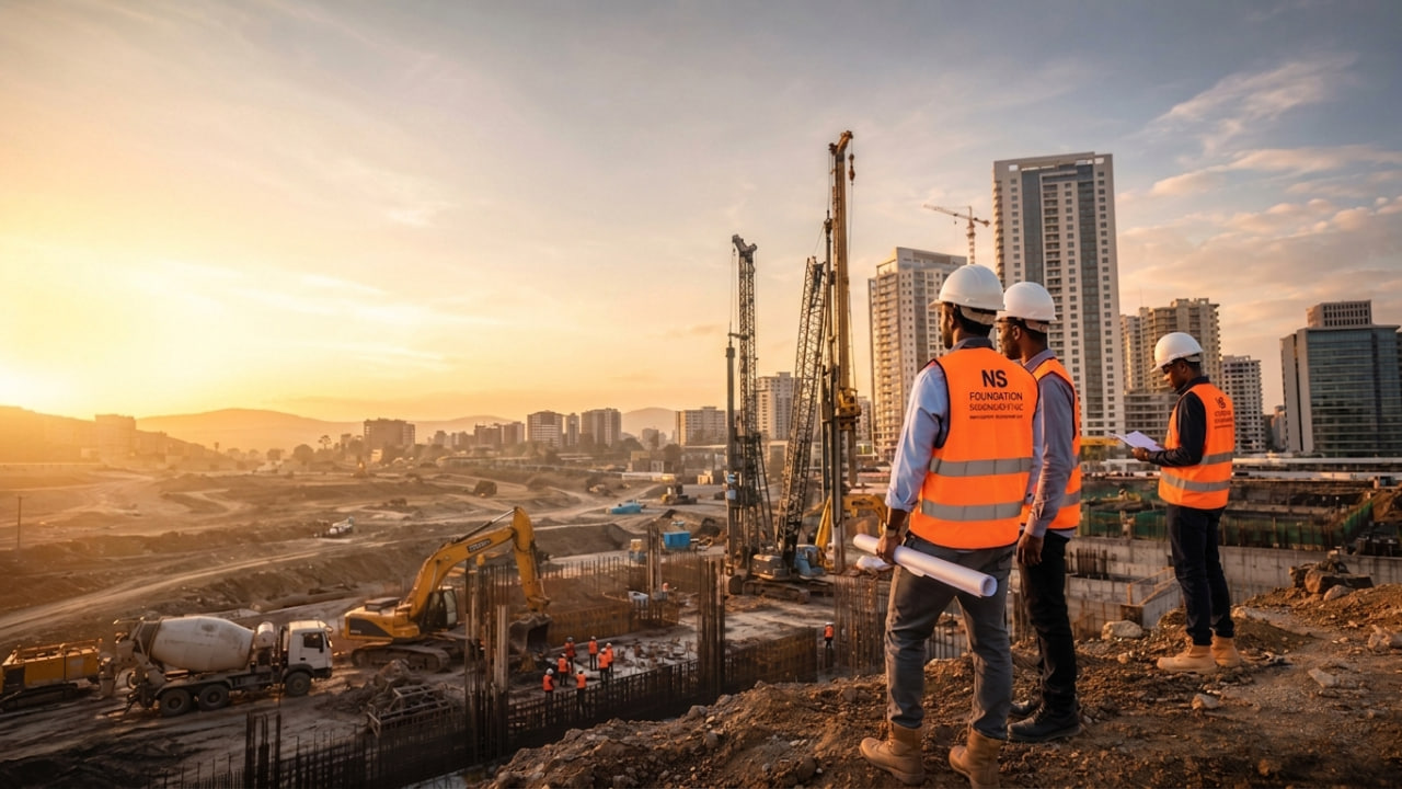 NS Foundation Specialists engineers on an Addis Ababa construction site at sunset